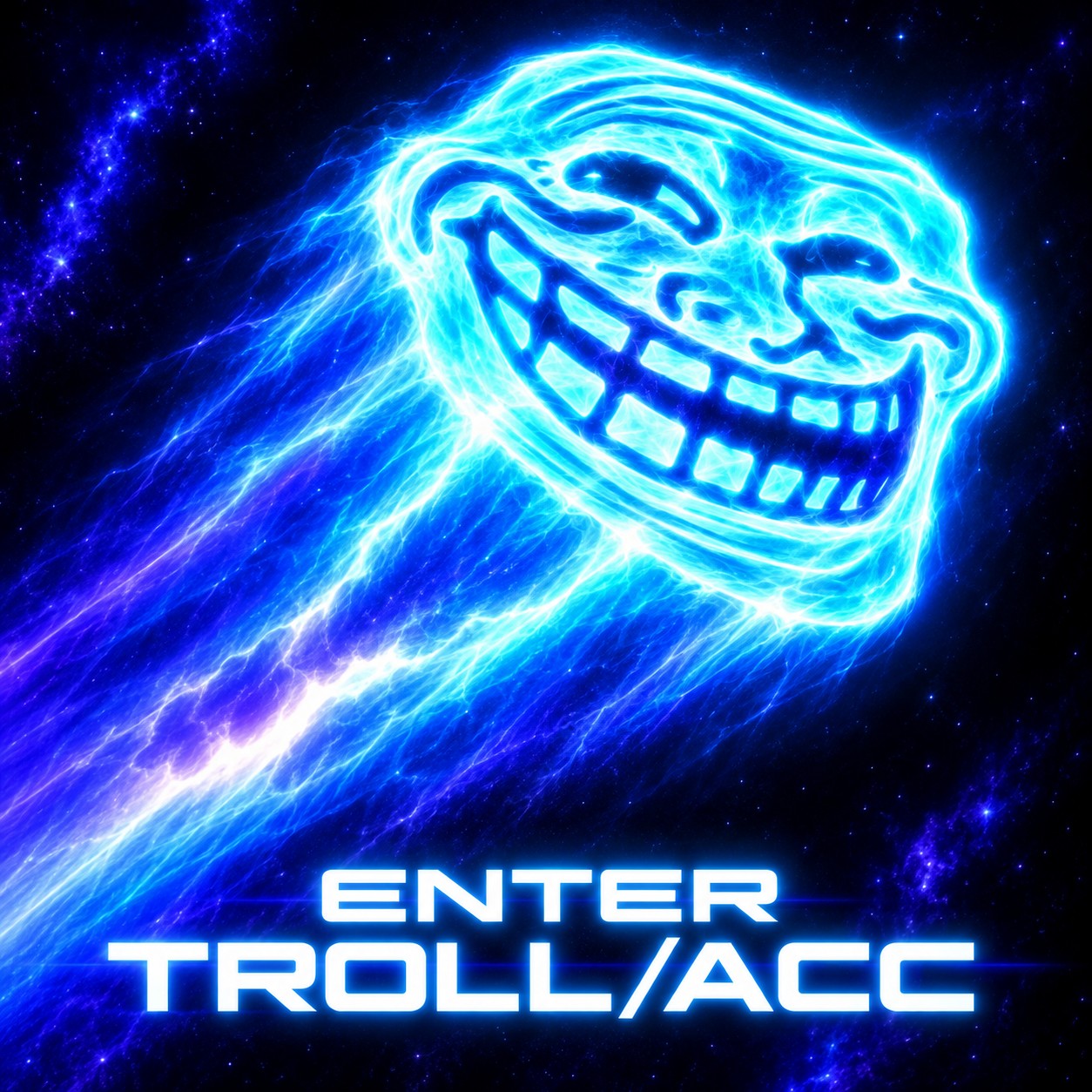 Cyan trollface flying through space